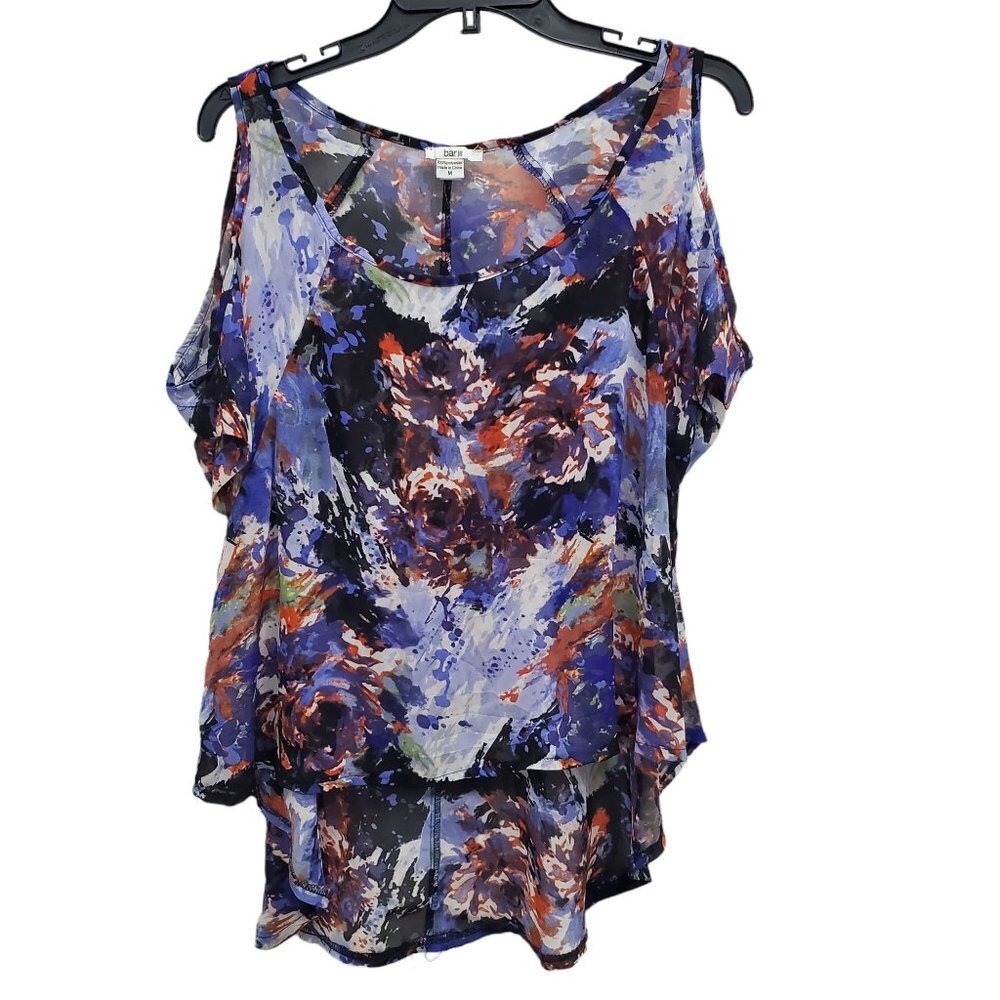 Bar III Women's Blue Multi Abstract Cold Shoulder Sheer Asymmetrical Hem Top M‎